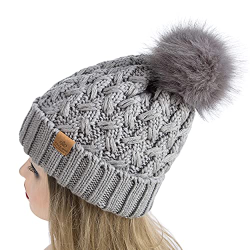 PAGE ONE Womens Winter Ribbed Beanie Crossed Cap Chunky Cable Knit Pompom Soft Warm Hat - color: Light Gray