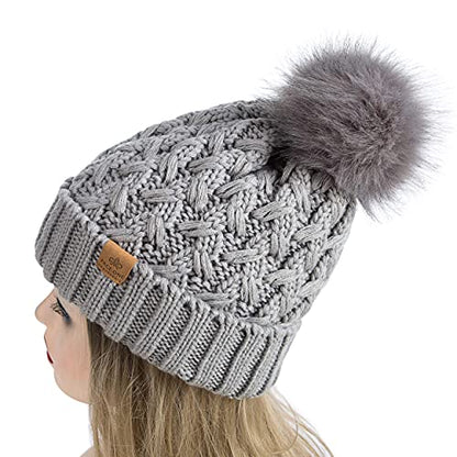 PAGE ONE Womens Winter Ribbed Beanie Crossed Cap Chunky Cable Knit Pompom Soft Warm Hat - color: Light Gray