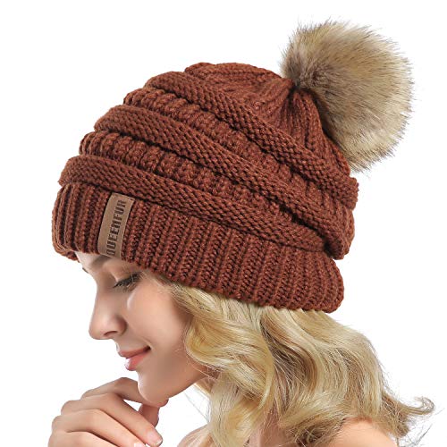 Women Knit Slouchy Beanie Chunky Baggy Hat with Faux Fur Pompom Winter Soft Warm Ski Cap - color: D7-rust