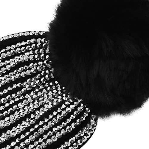 Women Sparkly Sequins Knitted Beanie Hat Warm Winter Skull Cap with Faux Fur Pom Pom - color: Black Rhinestone