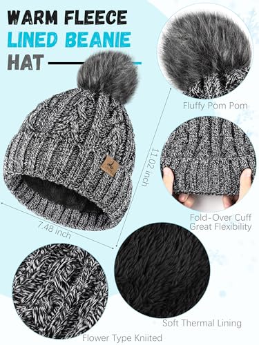 Winter Hat Scarf Gloves Set, Fleece Lined Cable Knit Pompom Hat Women Gift - color: Black and White