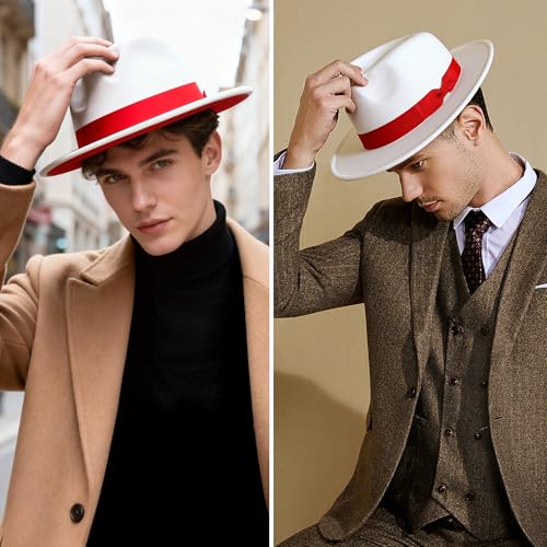 BABEYOND 1920s Fedora Hat for Men Gatsby Wide Brim Hat Felt Panama Cap - color: Rd/White-rd