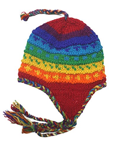 Wool Hand Knit Unisex Fleece Lined Ear Flap Beanie Sherpa Cap Hat Nepal - color: Rainbow