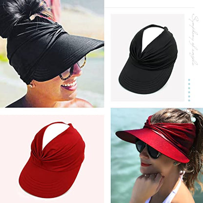 Sun Hat Women Beach Visor Cap UV Protection with Wide Brim Packable Summer Sport Ponytail Sun Cap - color: Black