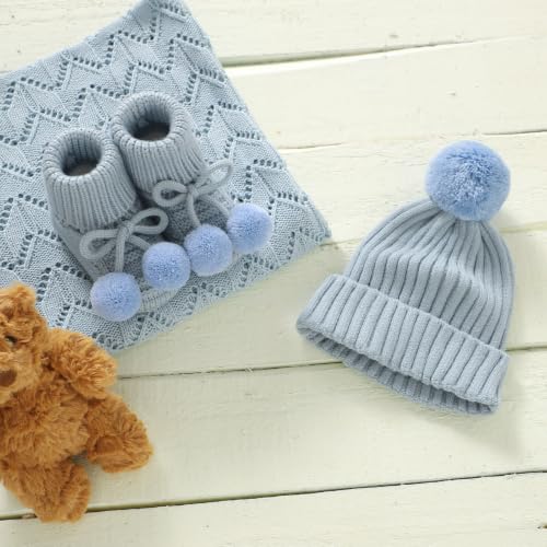 Baby Hats and Booties Set Newborn Knit Pompom Beanie Caps Shoes Winter - color: Blue