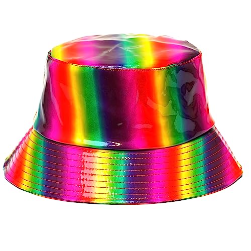 Rave Bucket Hat for Women & Men - Cute Bucket Hats - Festival Hat Adjustable 50+ SPF Protection Rave Accessories - color: Holographic Rainbow