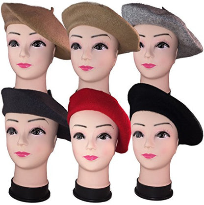 Women French Wool Beret Hats - Solid Color Classic Beanie Winter Cap - color: Wine Red