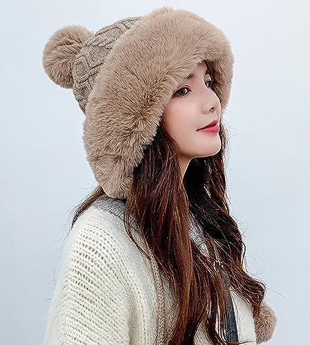 Winter Pompom Beanie Hats Women Knit Womens Beanie Faux Fur Crochet Skull Cap Warm Bucket Outdoor Ear Cover - color: Grey