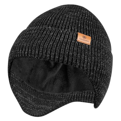 Ocatoma Winter Beanie with Earflap for Men Women Knit Hat Outdoor Unisex - color: Ls Black