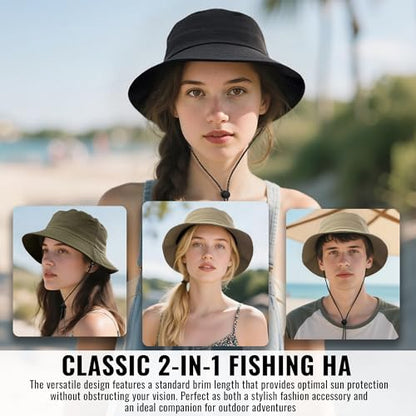 Croogo Windproof Fishing Hats UV Protection Safari Sun Cap Outdoor Bucket Hat Lightweight Boonie Hat for Hiking Camping - color: Gd90-green