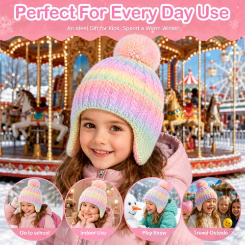 Girls Rainbow Earflap Beanie, Kids Pom Pom Knit Winter Ski Hat Ages 3-8 - color: Pompom - Rainbow