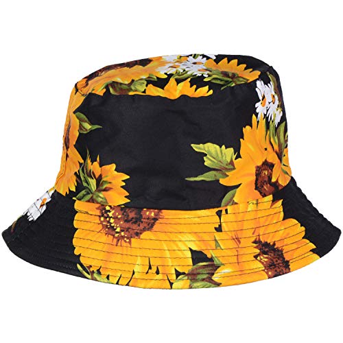 BYOS Unisex Trendy Reversible Lightweight Printed Bucket Hat Packable Outdoor - color: Hearty Sunflower Black