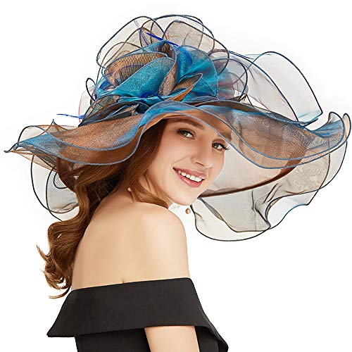 Women Oganza Sun Hat Church Wide Brim Wedding Formal Fascinator Hat - color: Blue & Coffee