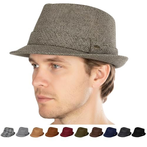 Funky Junque Mens Wool Blend Fedora, Vintage Winter Dress Hat - color: Herringbone Brown/Black, size: 6 3/4-7 1/8