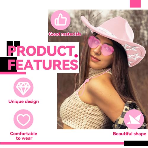 SHENYI Cowgirl Hat and Bandana and Heart Sunglasses Glitter Rhinestone Star Cowboy Hat Western Sparkly Hats for Women Men - color: Pink