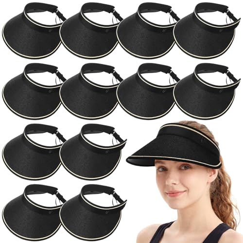 12 Pack Wide Brim Sun Visor Hats for Women UPF 50+ Foldable Straw Beach Hat UV Protection for Travel, Vacation - color: Black