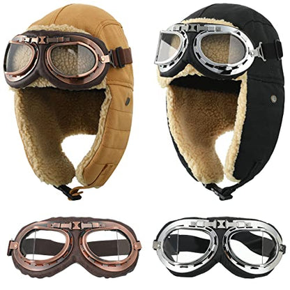 JaGely 4 Pcs Pilot Hat and Goggles Flight Costume Accessories Pilot Helmet Cap with Ear Flaps Hat Adults Winter - color: Black and Khaki, style: Classic