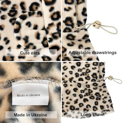 Fleece Balaclava Over Helmet - Warm Helmet Ninja Hood - Snowboard Hooded Hat Neck Gaiter Ski Mask - color: Leopard-earsup, size: One Size