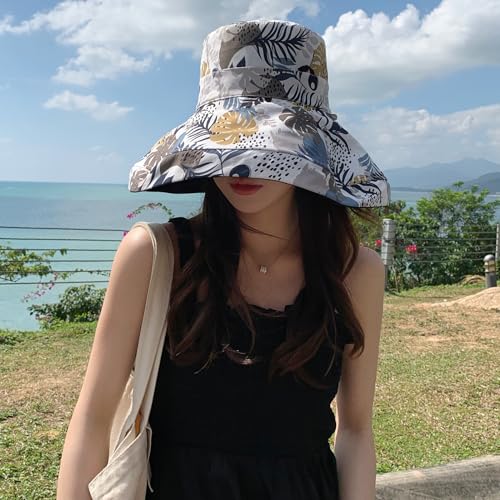 Women Wide Brim Sun Protection Hat Summer Fishing Hats - color: Black and Leaf Print