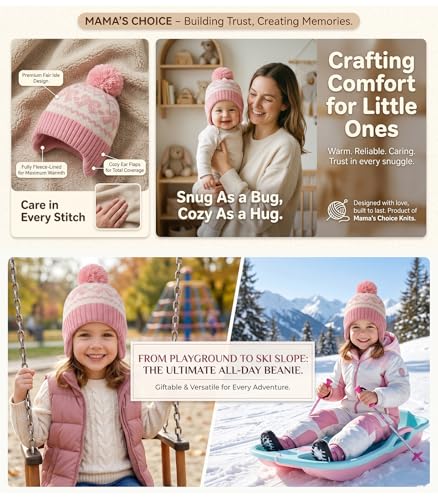 Moon Kitty Baby Girls Earflaps Knit Hats Infant Baby Beanies6-12Months - color: Rose Pink Bow, size: 1-3T