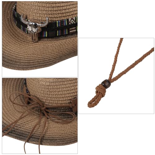 Straw Cowboy Cowgirl Hat Wide Brim Woven Western Cap UPF 50+ Beach Sun Hat Shapeable Packable Fedora Cap for Men Women - color: Coffee Black