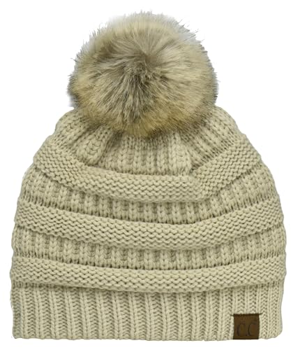 C.C Trendy Fuzzy Fleece Lined Warm Comfortable Soft Stretch Cable Knit Ribbed Faux Fur Pom Pom Beanie Hat - color: Beige