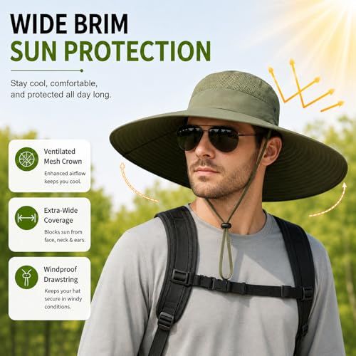 HUAMULAN Men Women 6" Wide Brim Sun Protection Hat Summer Fishing Hats - color: B6-004-green