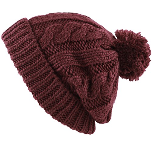 Women and Men Beanie Daily Winter Oversized Thick Stretchy Knitted Pom Pom Beanie Fleece Lined Beanie Hat - color: 1. Curly Burgundy