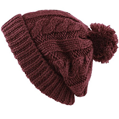 Women and Men Beanie Daily Winter Oversized Thick Stretchy Knitted Pom Pom Beanie Fleece Lined Beanie Hat - color: 1. Curly Burgundy