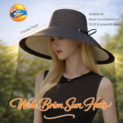 Wide Brim Sun Hat for Women Reversible Beach Hats Metal Wired Edge Gardening Hats, UPF 50+ Bucket Summer Hat - color: Black Beige