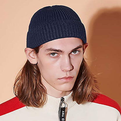 50% Wool Knit Short Fisherman Beanie for Men Women Warm Winter Hat - color: #Navy Blue