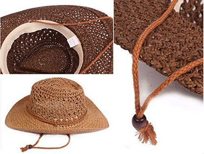 Men's Floppy Packable Straw Hat Beach Cap Newsboy Fedora Sun Hat, Big Brim, Adjustable Chin Strap - color: Brown-a