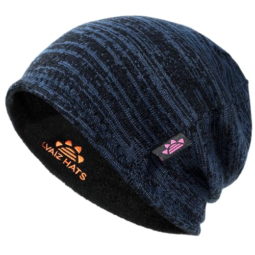 Lvaiz Winter Fleece Lined Beanie Hat for Men Women Reversible Skull Cap - color: Blue+black