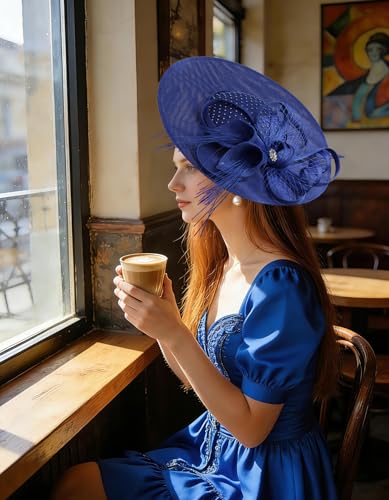 Unpifolov Fascinators Hats Elegant Women Flower Mesh Feathers Wedding Cocktail Bride Headband for Derby Hat Tea Party - color: Royal Blue