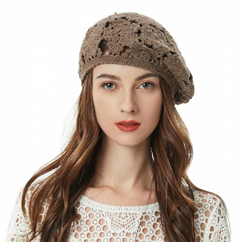 ZLYC Women Cotton Slouchy Crochet Beret Handmade Cutout Floral Beanie Hat - color: Floral Camel