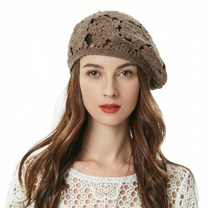 ZLYC Women Cotton Slouchy Crochet Beret Handmade Cutout Floral Beanie Hat - color: Floral Camel