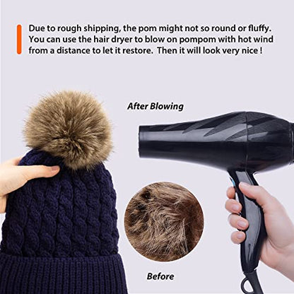 Livingston Women's Winter Soft Knit Beanie Hat with Faux Fur Pom Pom Warm Skull Cap Beanies for Women - color: Fleece Lined_navy