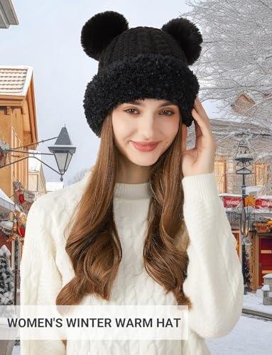 FEOYA Womens Knit Winter Beanie Hat with Faux Fur Pompom Fuzzy Cute Knit Fleece Lined Skull Cap - color: Black