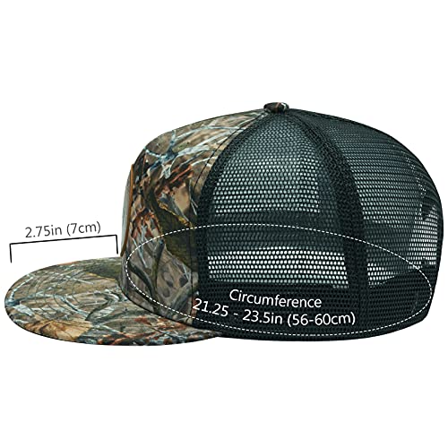 BASSDASH Flat Brim Trucker Cap Adjustable Snapback Hat Mesh Back for Men Women - color: Autumn Forest
