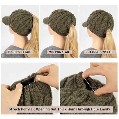 ChicPony™ Merino Wool Visor Ponytail Beanie with Brim Fleece Lined 3 Bun Openings Hole Warm Windproof Knit Cap Winter Hat - color: Forest Olive(pony)