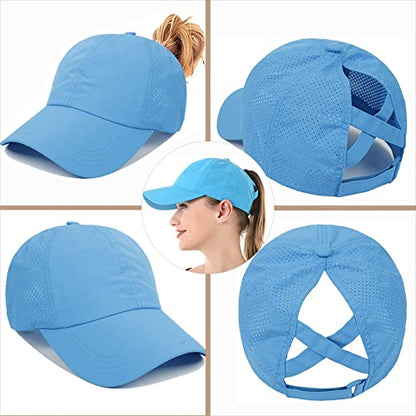 Womens Ponytail Hat Baseball Cap, Adjustable Criss Cross Baseball Cap High Bun Unisex Quick Drying Trucker Hats - color: Zblue
