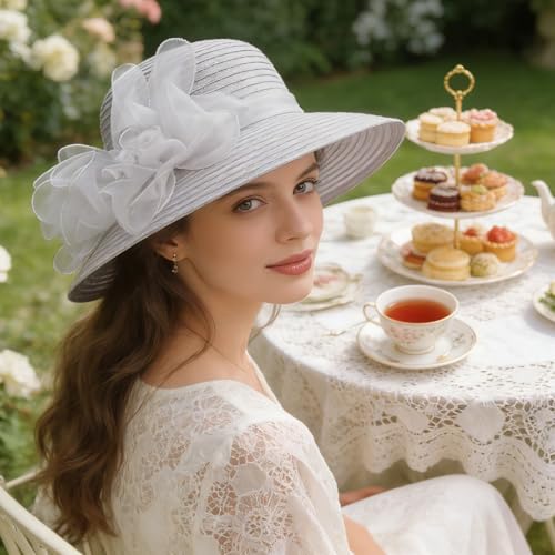 DRESHOW Lady Derby Dress Church Bowler Cloche Hat Bowknot Organza Bridal Cap for Wedding - color: 1 Pack Bowler Hat: Light Grey