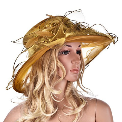 Lawliet Womens Flower Wedding Occasion Wide Brim Church Dress Sun Hat A341 - color: Gold, size: One Size