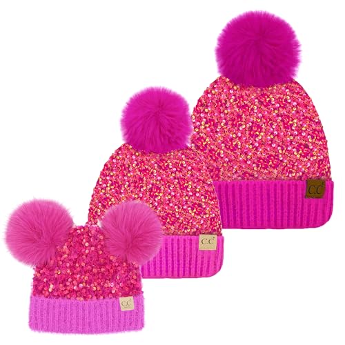Funky Junque Mommy & Me Double Pom Beanies 3-Pack Matching Winter Hats for Mom, Toddler & Infant Girls, Cozy Knit Family Set - color: Sequin - Hot Pink