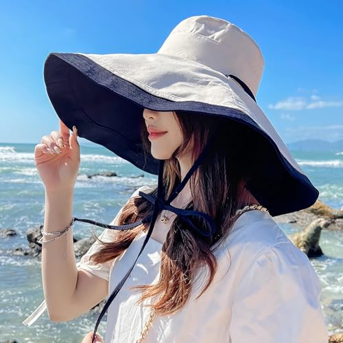 HUAMULAN Women Summer Vacation Wide Brim Sun Hat Reversible Fishing Hats - color: Navybeige