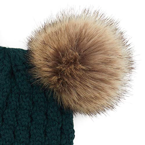 C.C Hatsandscarf Exclusives Cable Knit Double Pom Winter Beanie (HAT-2055)(HAT-23) - color: Deep Pine-natural Pom