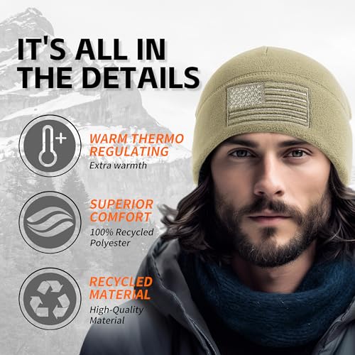 OUTDOOR SHAPING American Flag Fleece Beanie with Embroidered Patch Hat - color: Olive