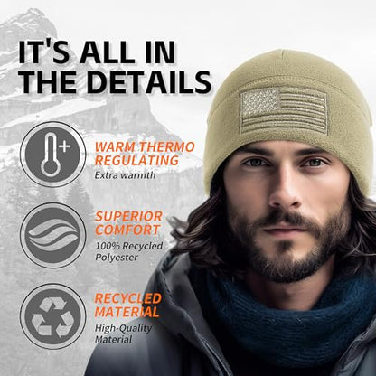 OUTDOOR SHAPING American Flag Fleece Beanie with Embroidered Patch Hat - color: Olive
