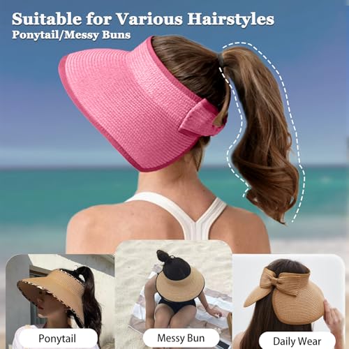 Women's Sun Visor Hats Wide Brim Straw Beach Hat Ponytail Hats for Women Foldable Floppy - color: 1pack-pink