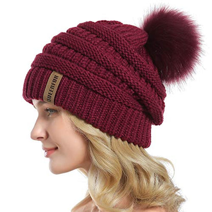 Women Knit Slouchy Beanie Chunky Baggy Hat with Faux Fur Pompom Winter Soft Warm Ski Cap - color: A3-burgundy